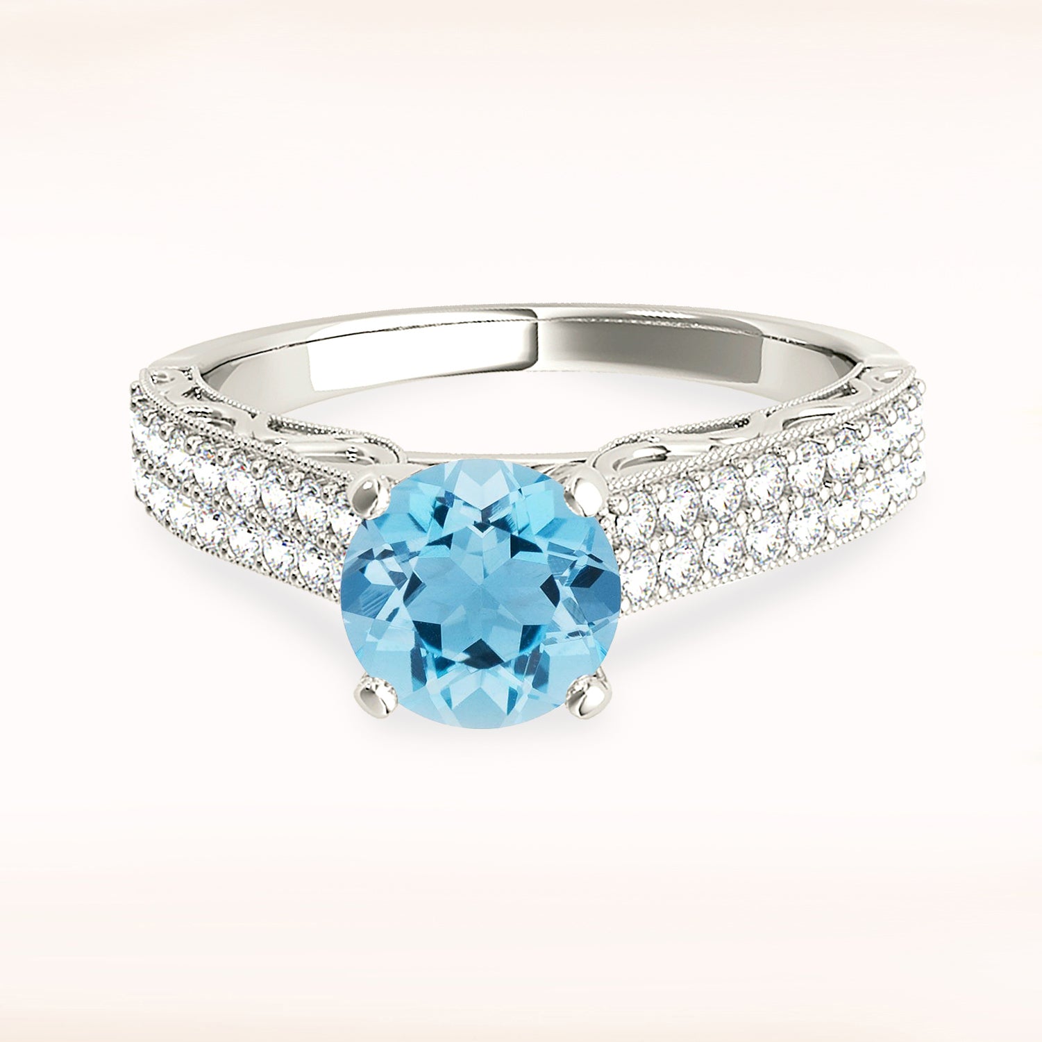 1.10 ct. Genuine Aquamarine Ring with 0.35 ctw. Double Row Diamond Band, Milgrain and Filigree Accents | Round Blue Aquamarine Halo Ring-VIRABYANI